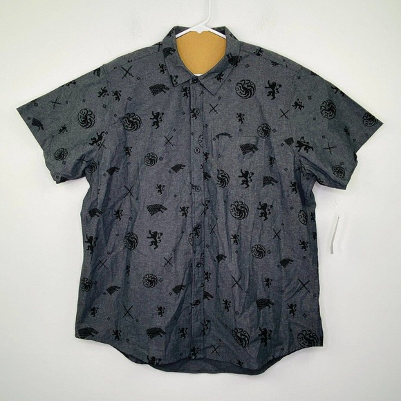 Game Of Thrones Men's XXL Shirt Gray Black Short Sleeve Button Up NWT BL24 - Picture 1 of 5